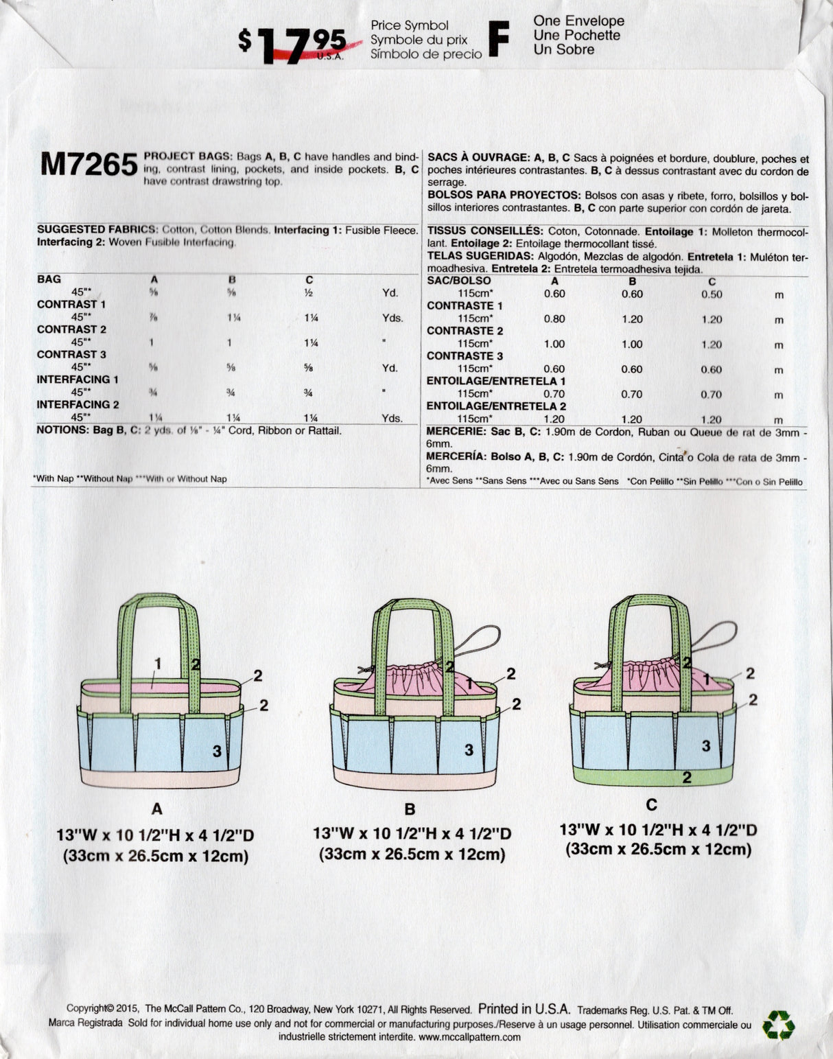 2010's McCall's Project Bag Pattern - One Size - No. M7245