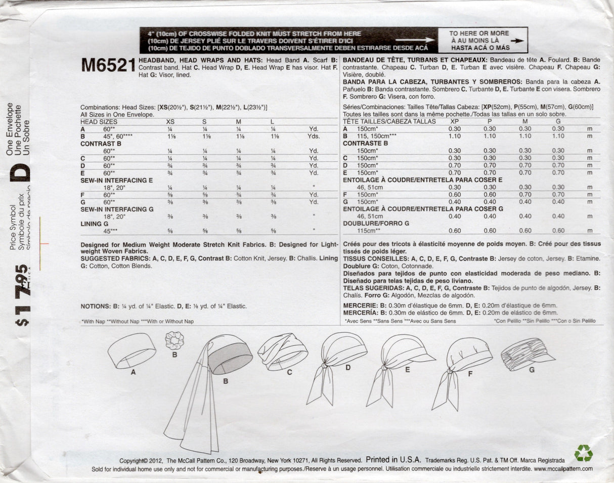 2010's McCall's Hats, Wraps and Headband Pattern - Head size 20.5-23.5" - No. M6521