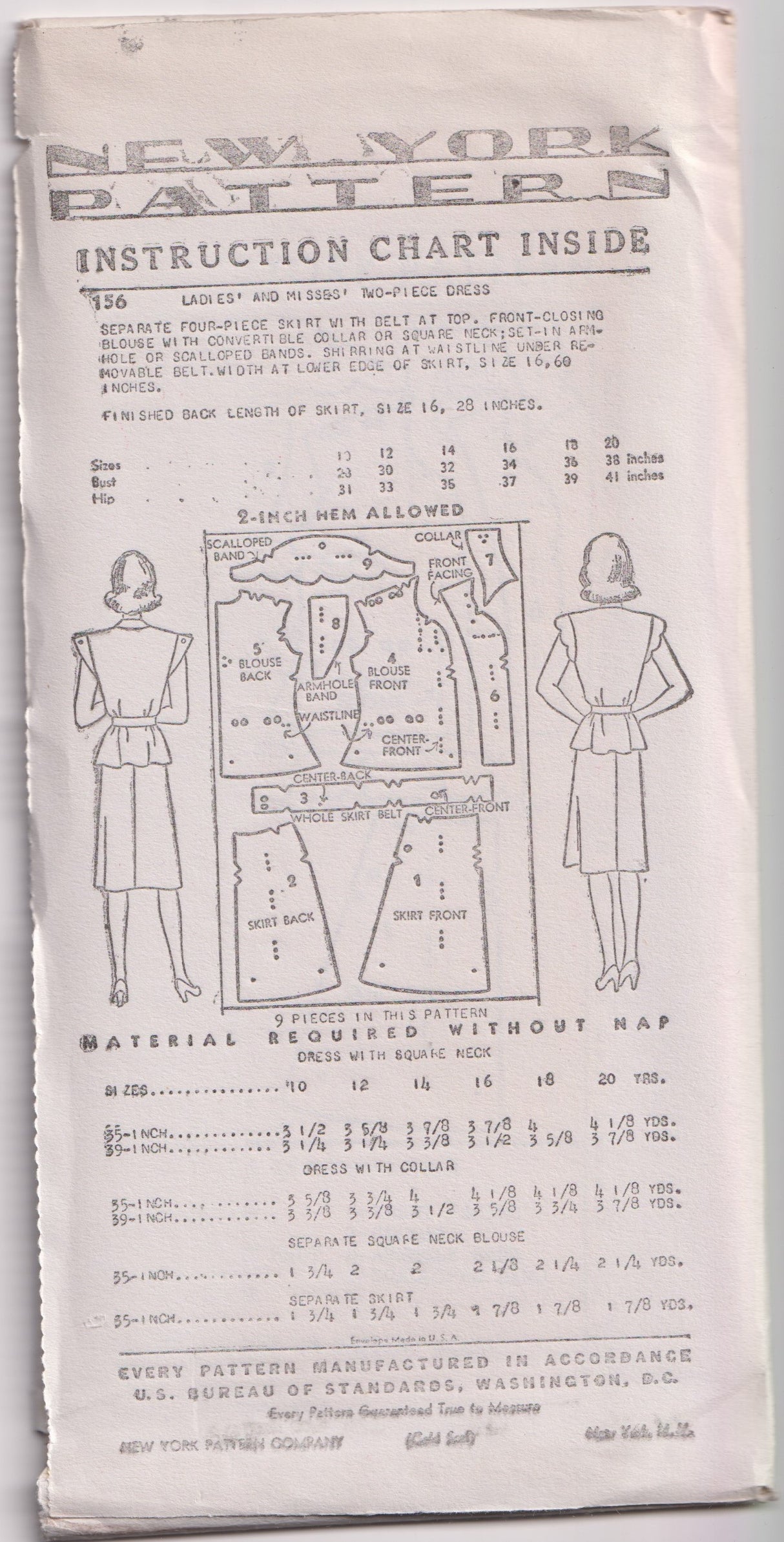 1940's New York Two Piece Dress Pattern with Scallop Cap Sleeves - Bust 30-32" - No. 156