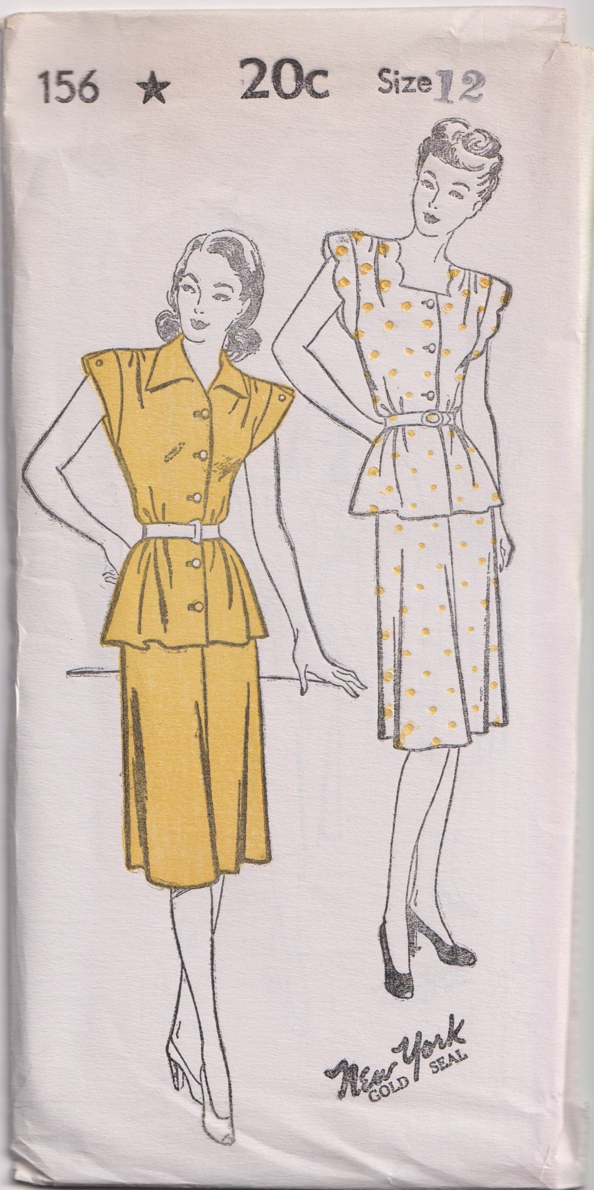 1940's New York Two Piece Dress Pattern with Scallop Cap Sleeves - Bust 30-32" - No. 156