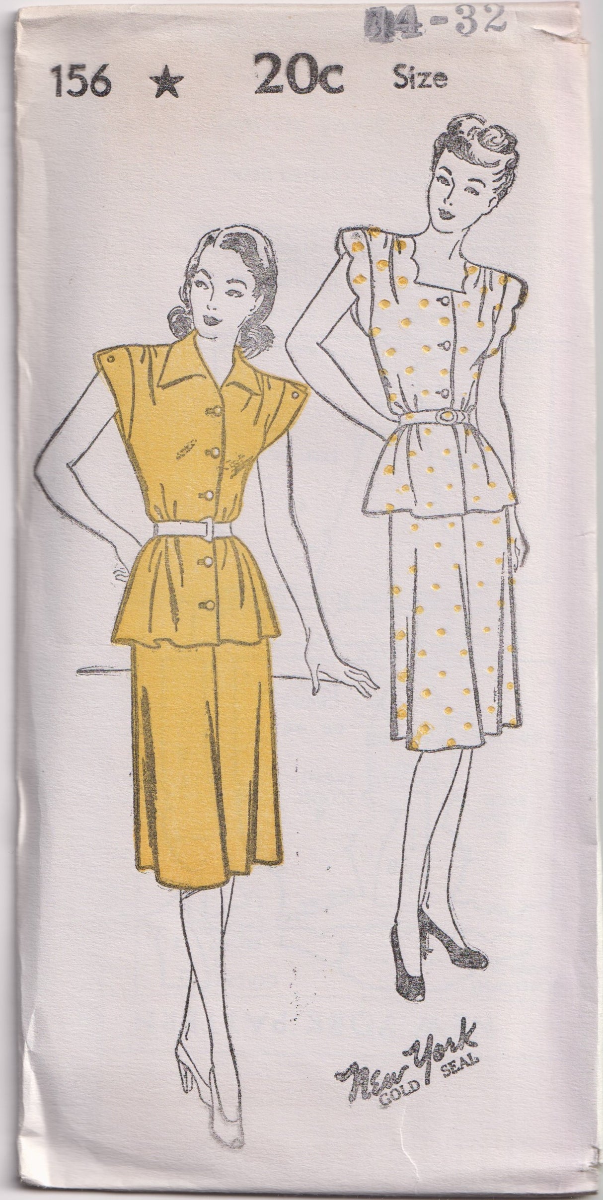 1940's New York Two Piece Dress Pattern with Scallop Cap Sleeves - Bust 30-32" - No. 156