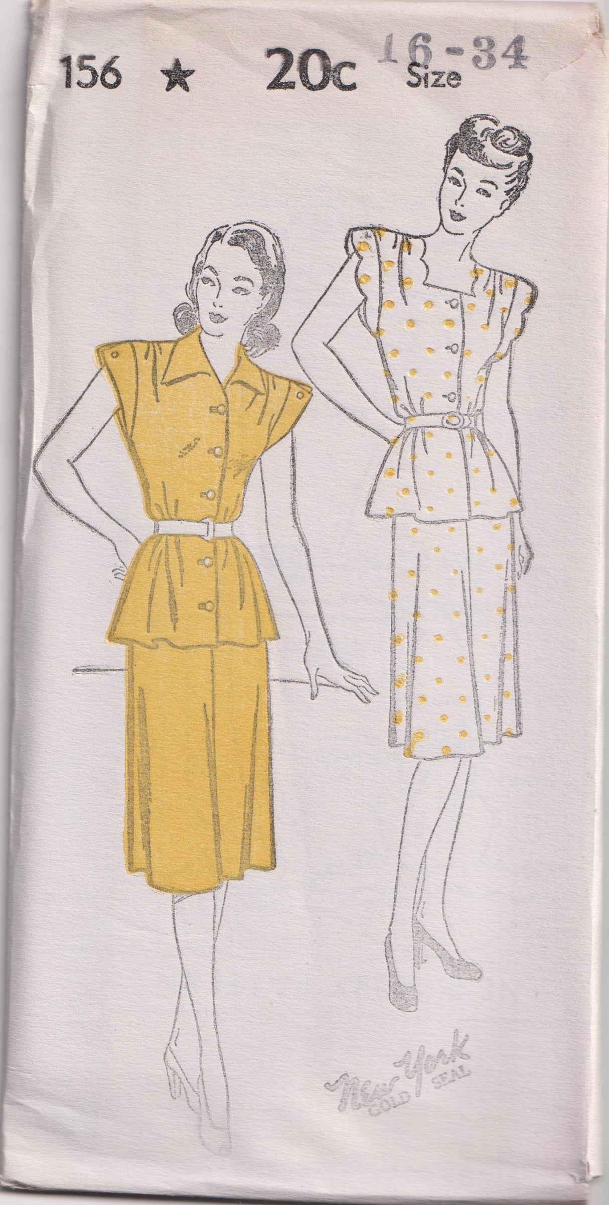 1940's New York Two Piece Dress Pattern with Scallop Cap Sleeves - Bust 30-32" - No. 156