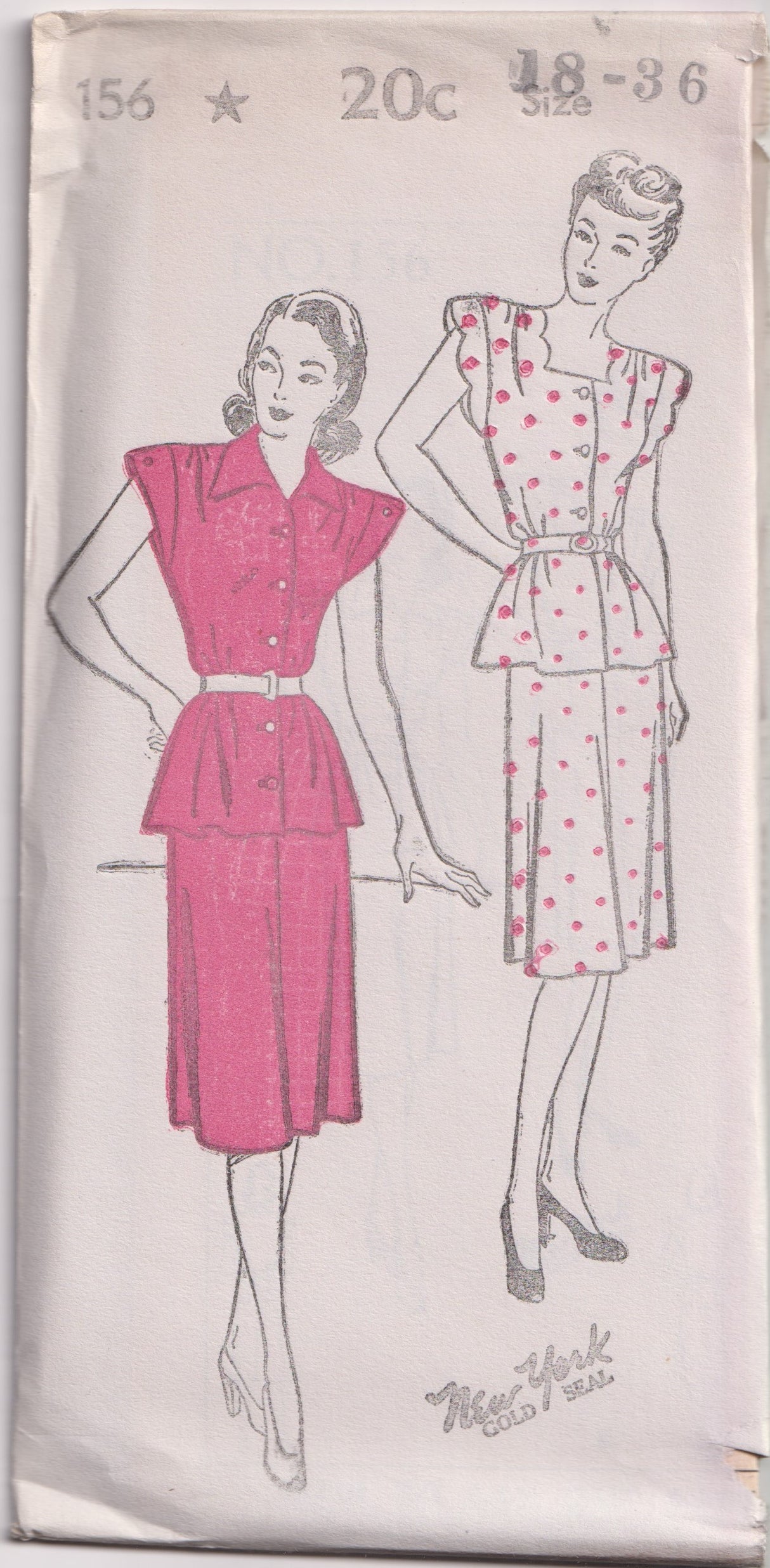 1940's New York Two Piece Dress Pattern with Scallop Cap Sleeves - Bust 30-32" - No. 156