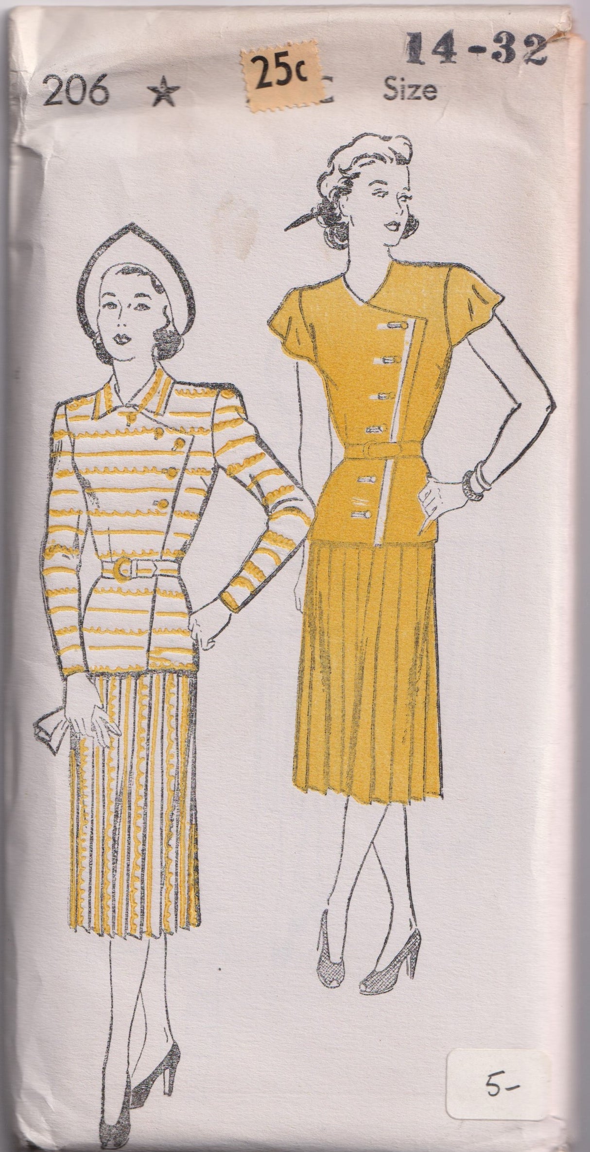 1940's New York Two Piece Dress Pattern with Pleated Skirt- Bust 32" - No. 206