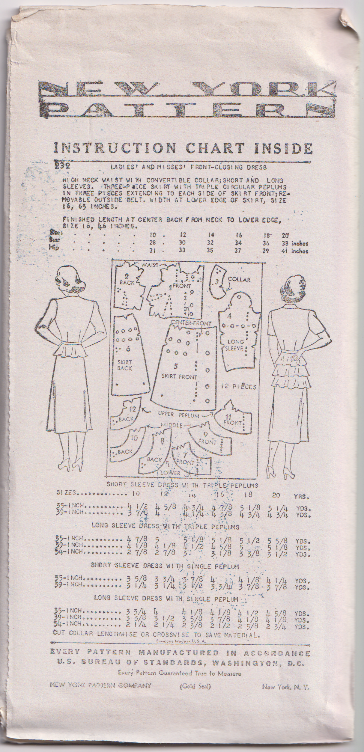 1940's New York Front Closing Dress with Single or Triple Peplum - Bust 30-32" - No. 232
