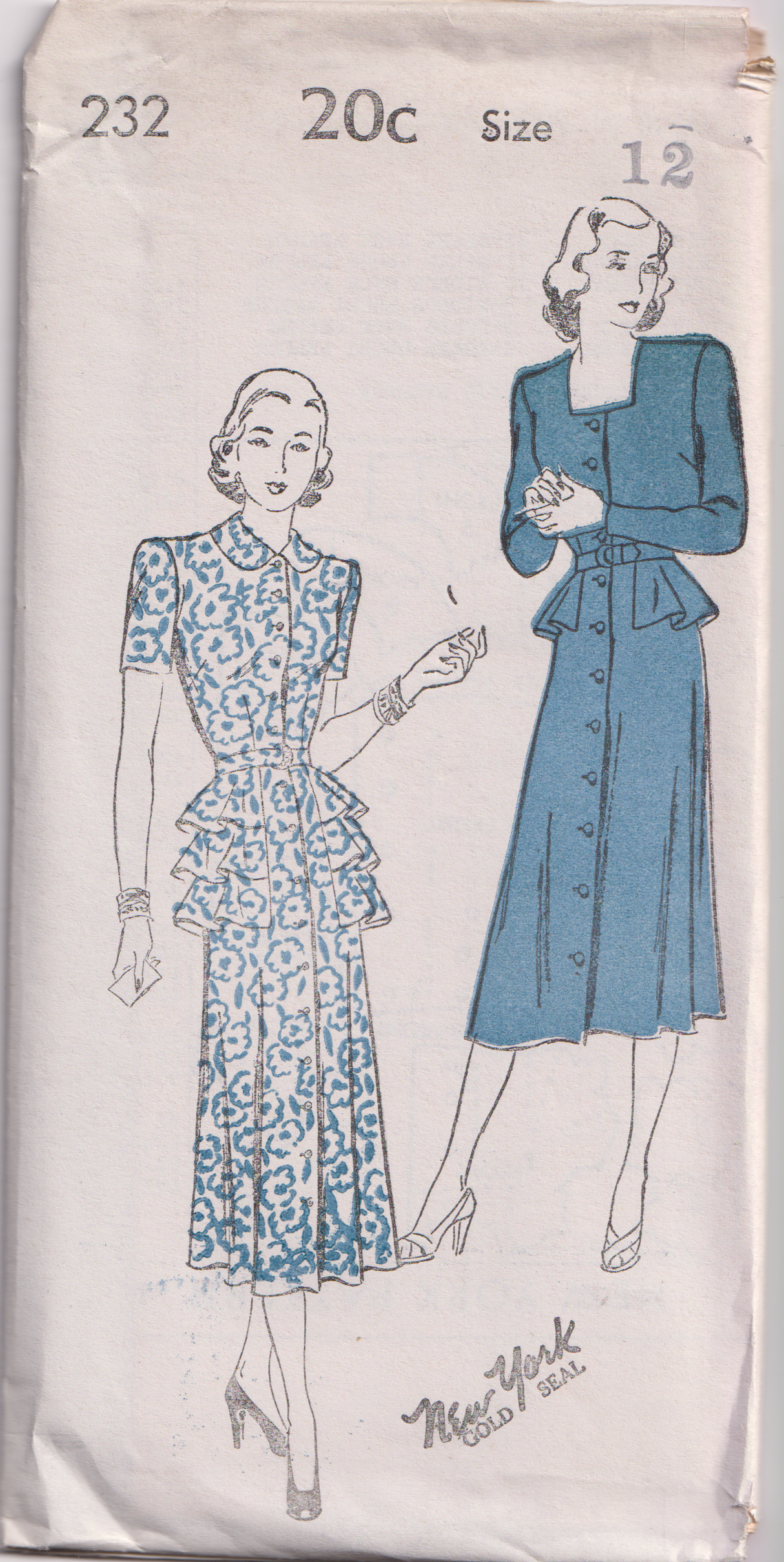 1940's New York Front Closing Dress with Single or Triple Peplum - Bust 30-32" - No. 232