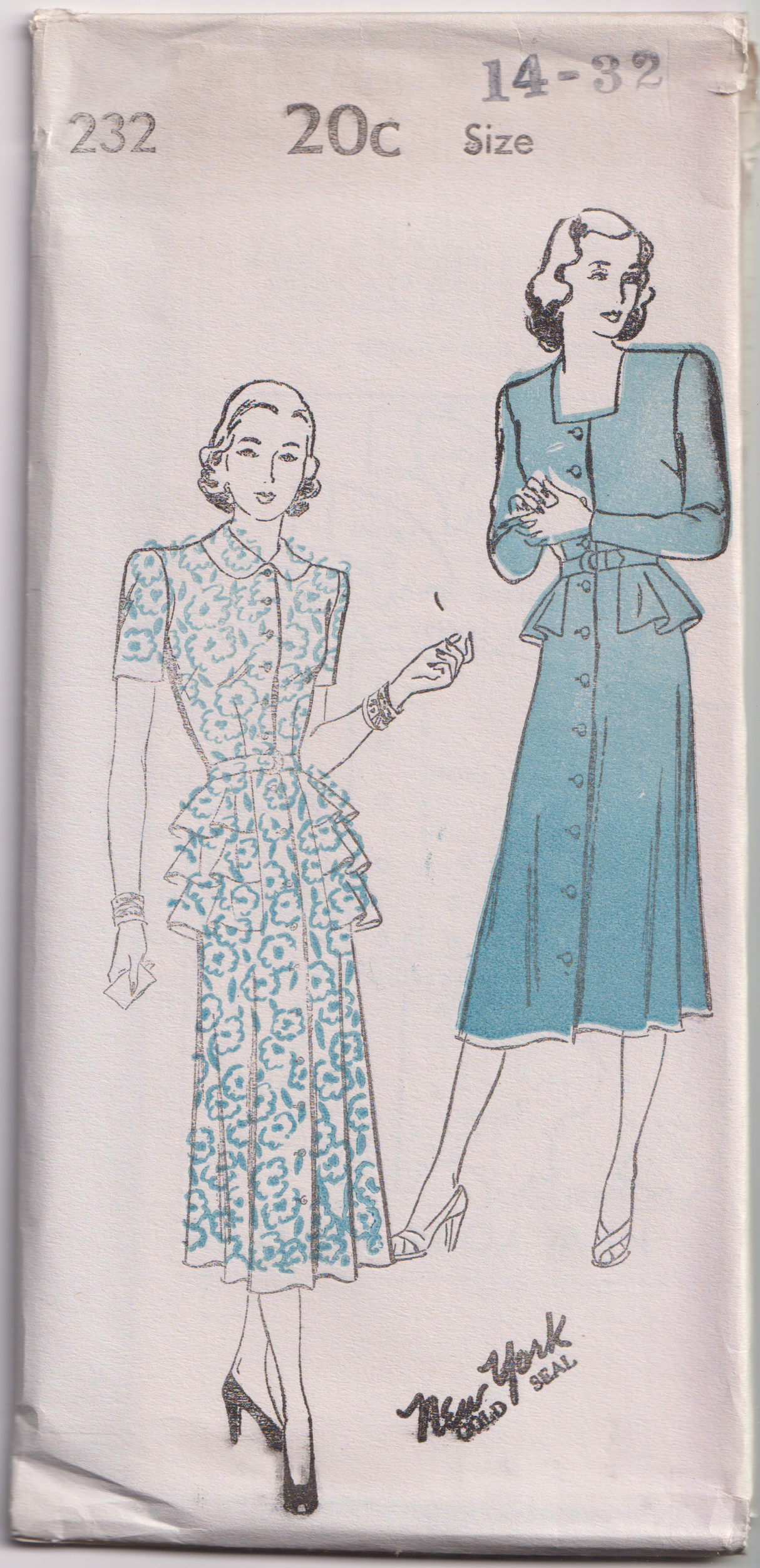 1940's New York Front Closing Dress with Single or Triple Peplum - Bust 30-32" - No. 232