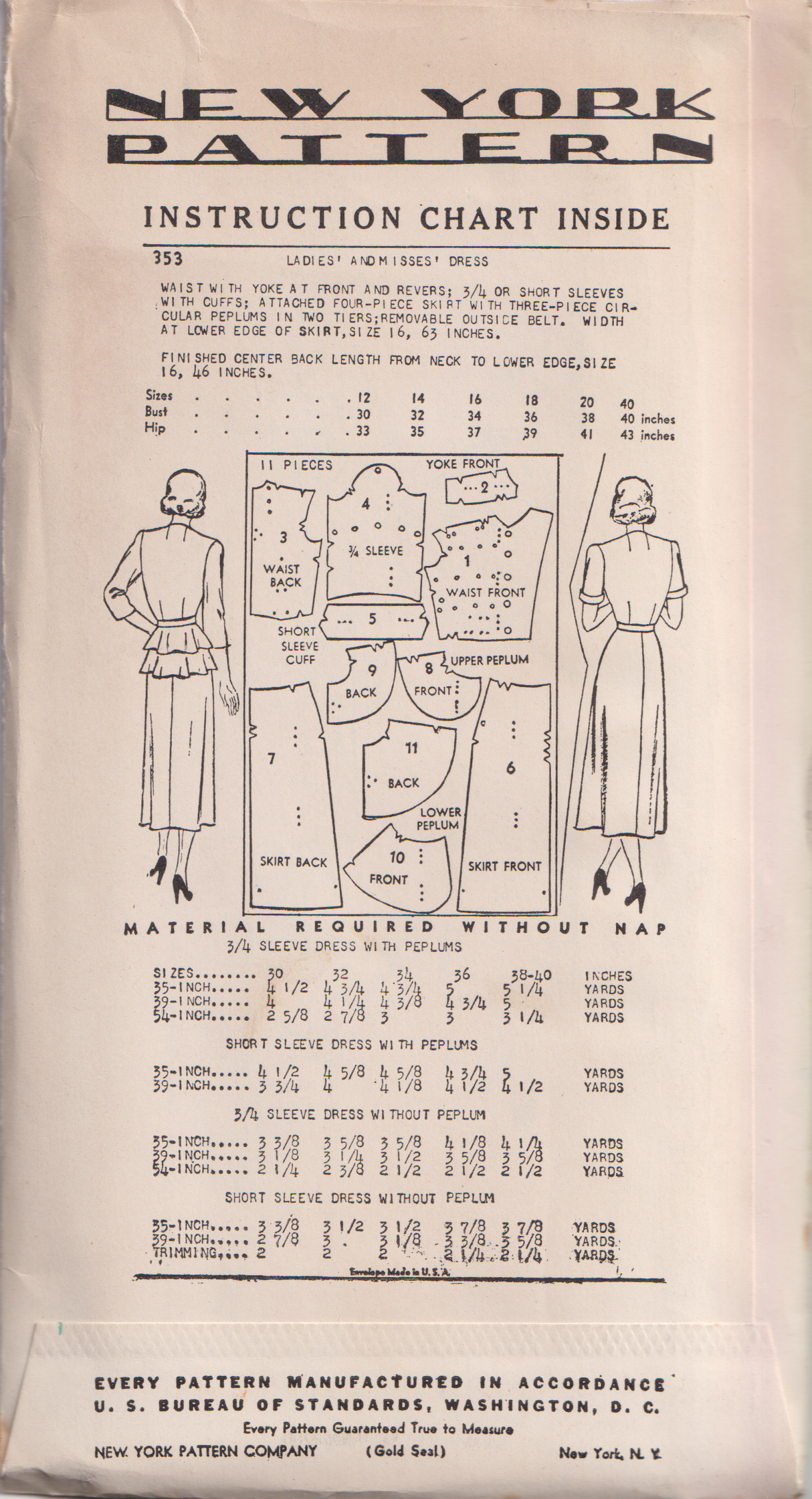 1940's New York Shirtwaist Dress with Double Peplum - Bust 32" - No. 353