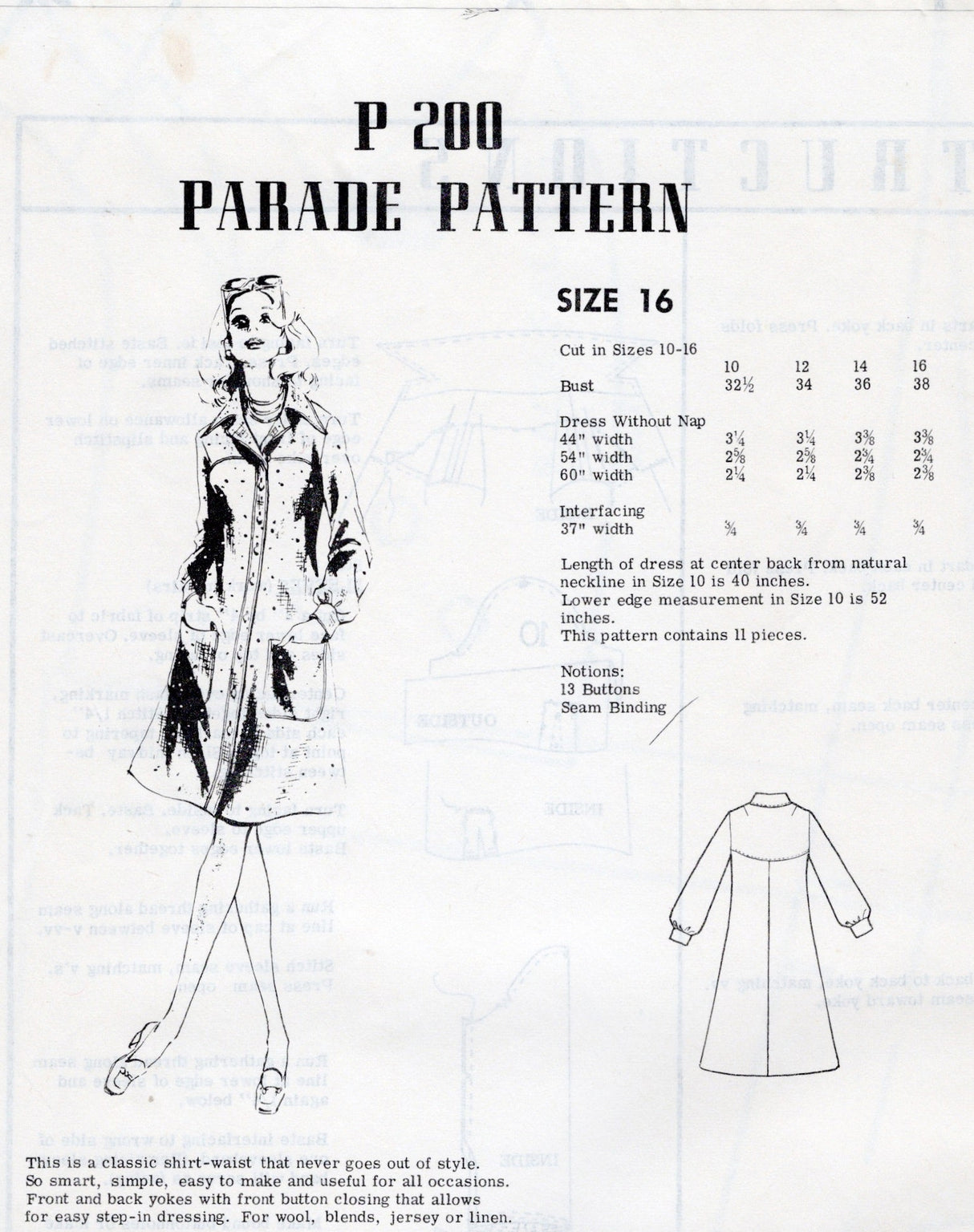 1970's Mail Order Button Up Dress Pattern - Bust 38" - No. P 200