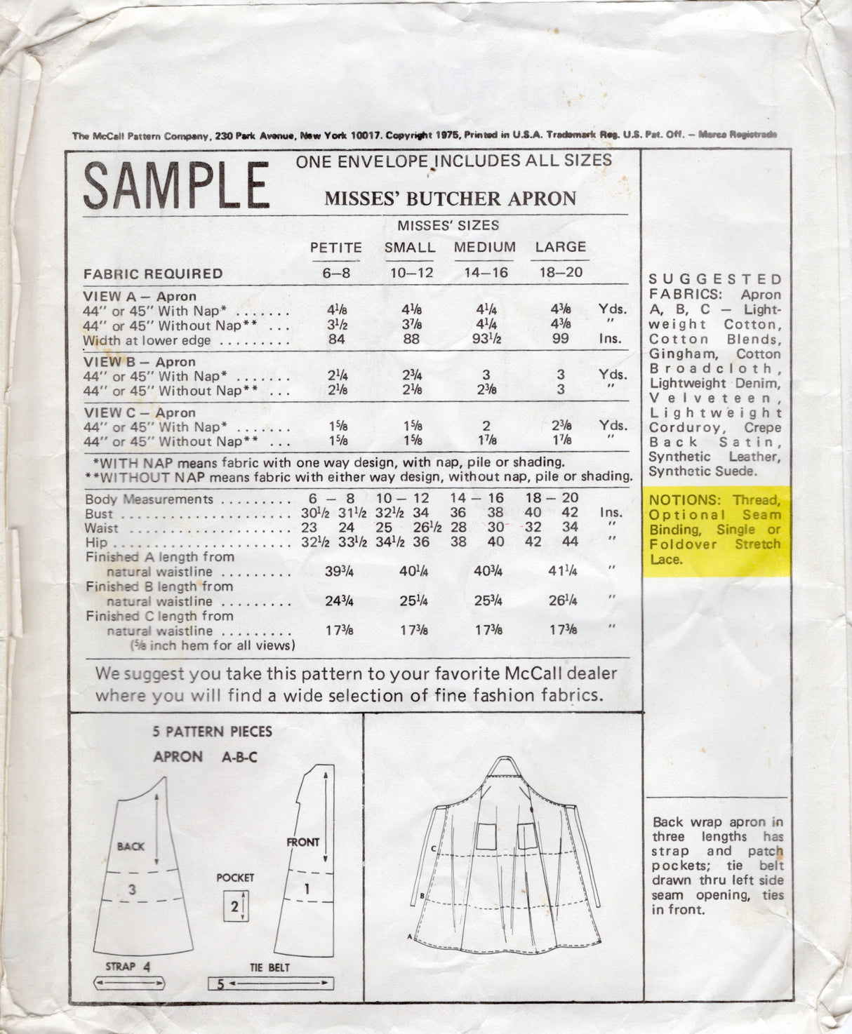 1970's McCall's Apron in three lengths and patch pockets - Bust 30.5-40" - No. SAMPLE