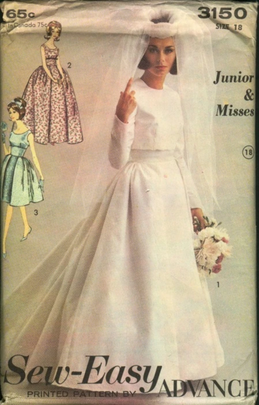 1960's Advance Fitted Waist Wedding Gown in Full length or Tea Length - Bust 33" - No. 3150