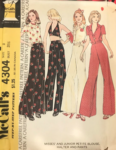 1970's McCall's Halter Tie Top, Button Up Shirt, and Bell Bottom Pants Pattern - Bust 33-34" - No. 4304