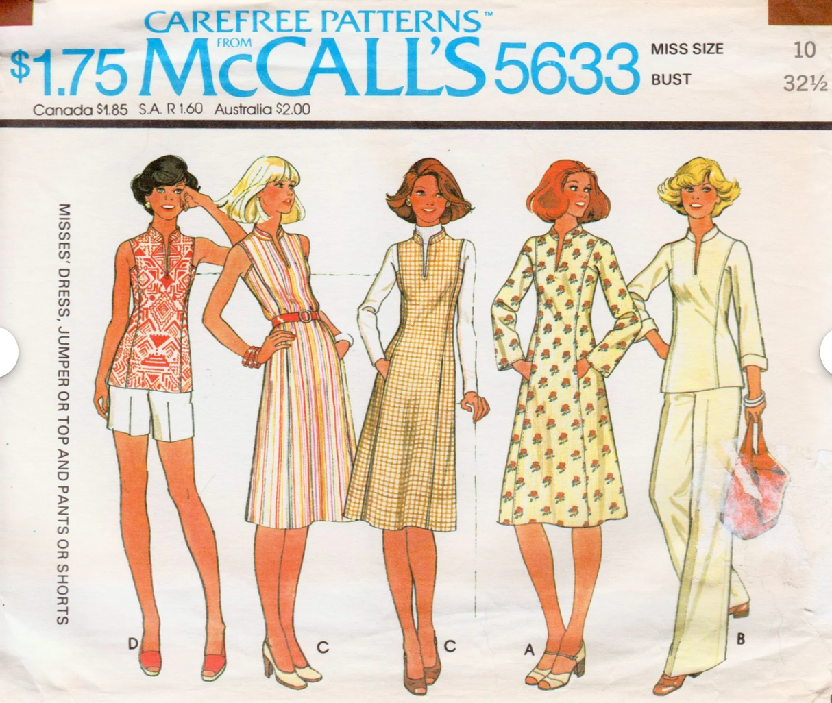 1970's McCall's Princess Line Dress or Tunic and Pants or Shorts Pattern  - Bust 32.5" - No. 5633