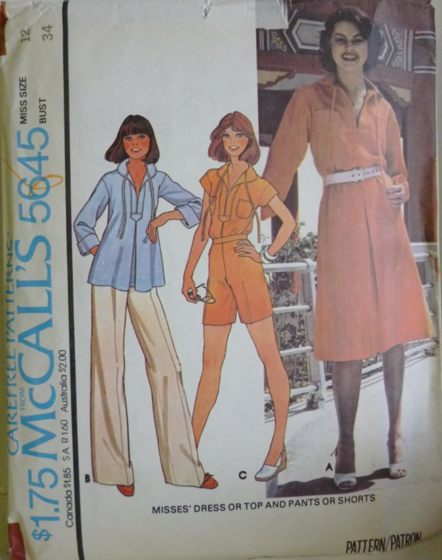 1970's McCall's Pullover Dress or Shirt and Pants or Shorts Pattern - Bust 32.5-36" - No. 5645