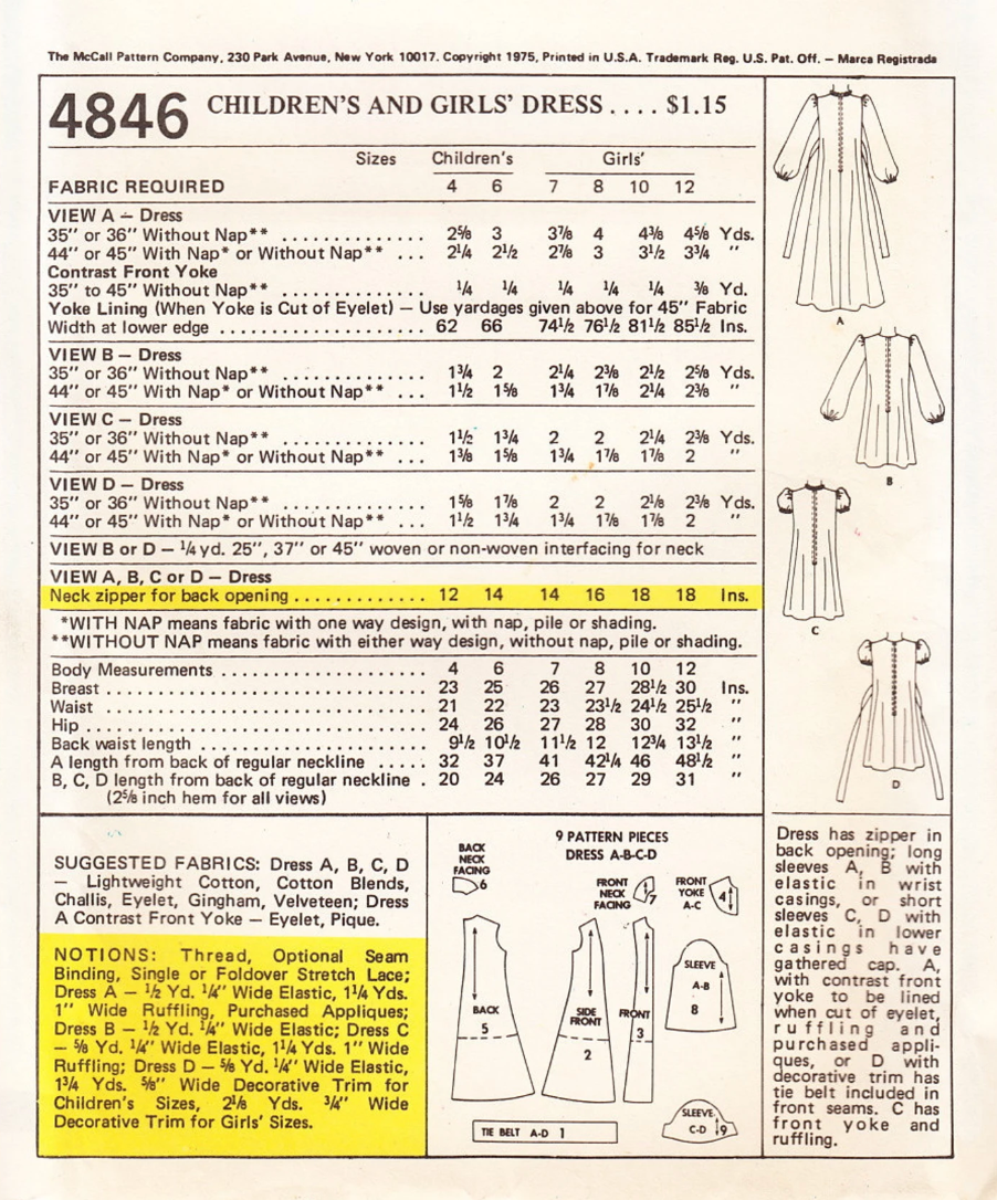 1970's McCall's Child's Yoked Dress in Two Lengths pattern - Chest 23-30" - No. 4846