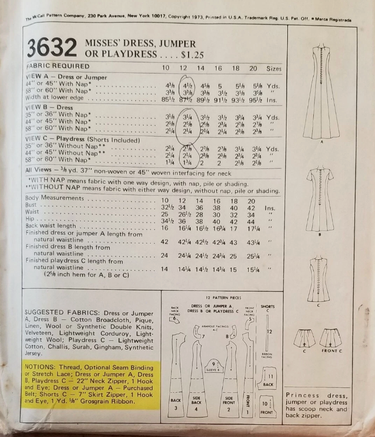 1970's McCall's Princess Line Dress and Shorts Pattern - Bust 34" - No. 3632