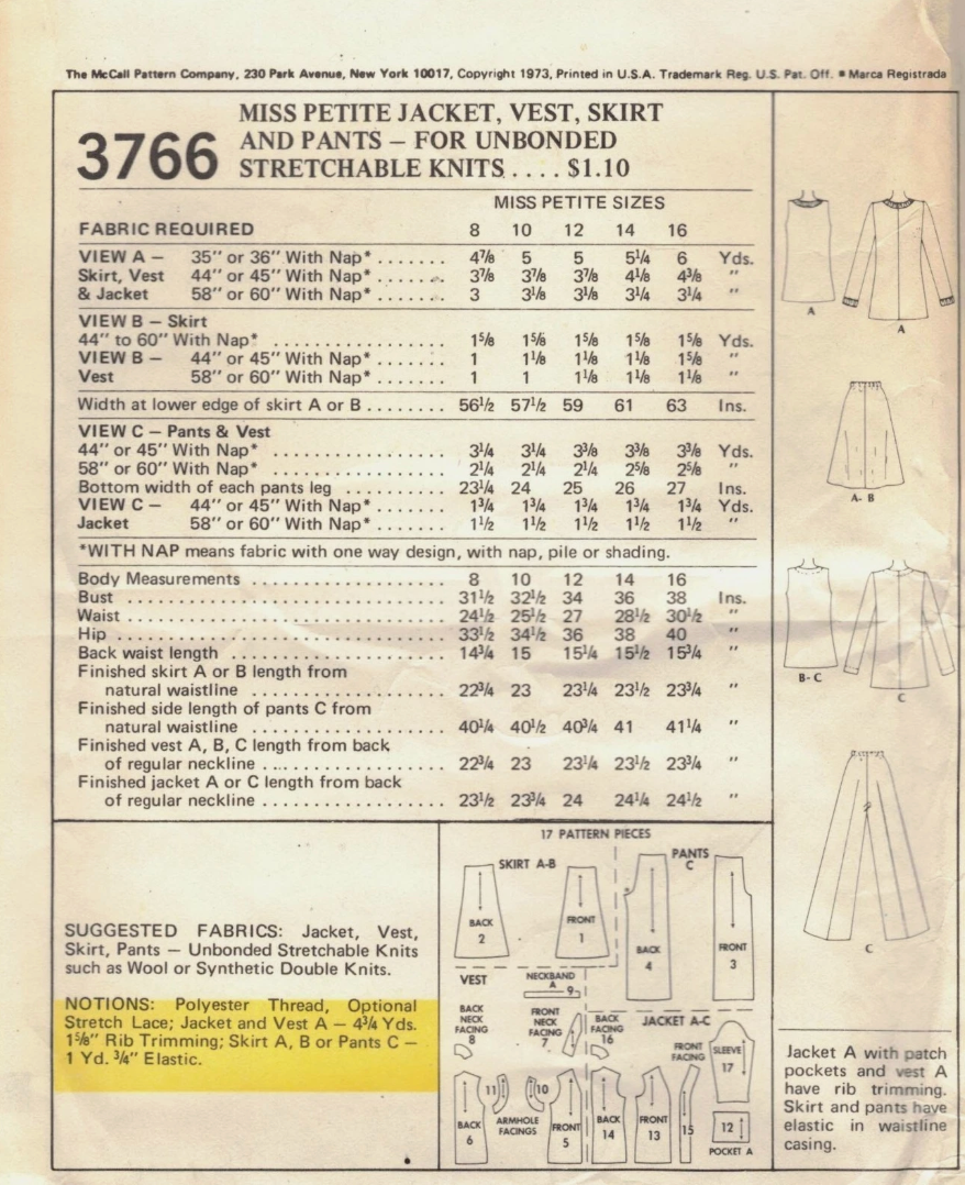 1970's McCall's Blouse, Vest, A Line Skirt and Pants Pattern - Bust 34" - No. 3766