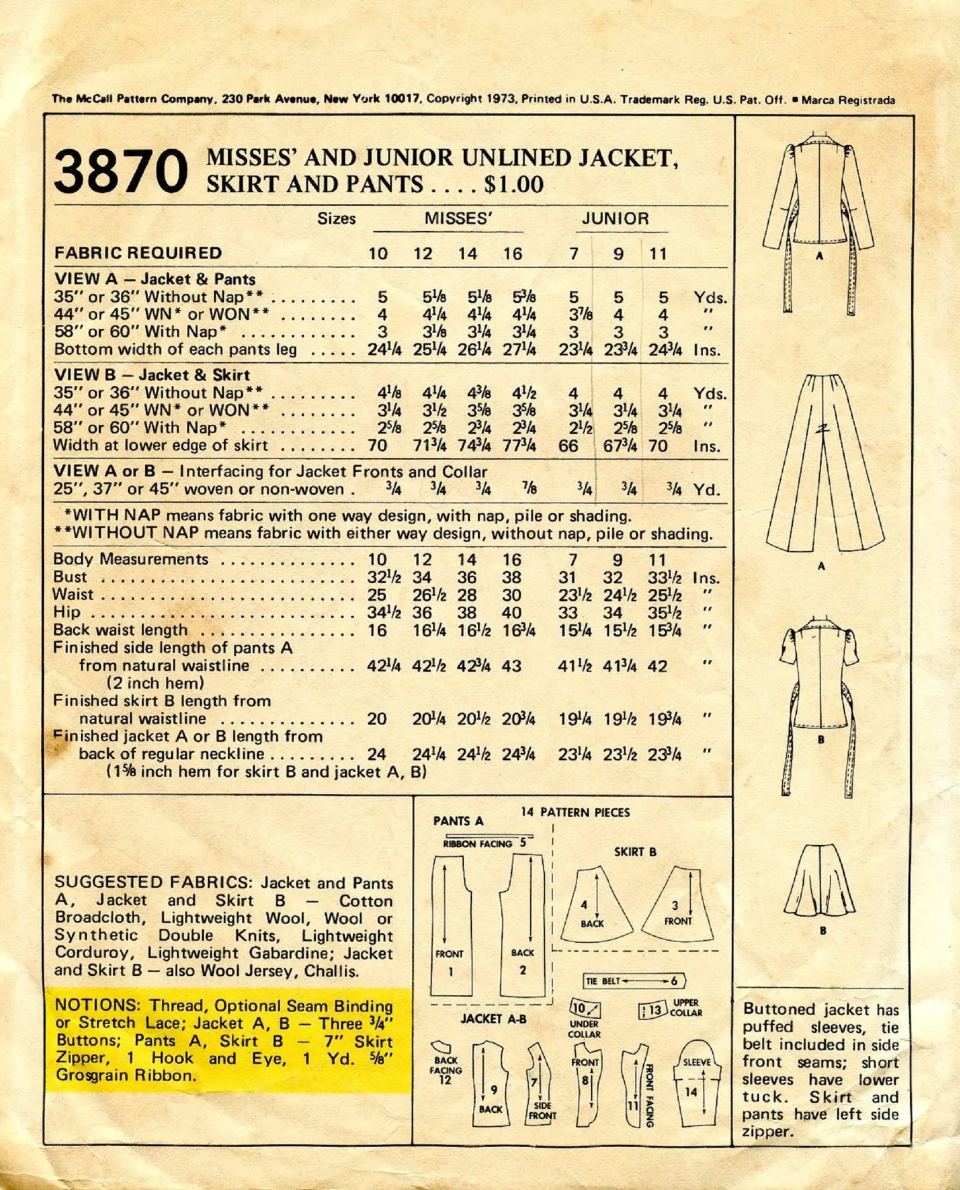 1970's McCall's Unlined Jacket, High Waisted Pants and Flared Mini Skirt Pattern - Bust 33.5" - No. 3870