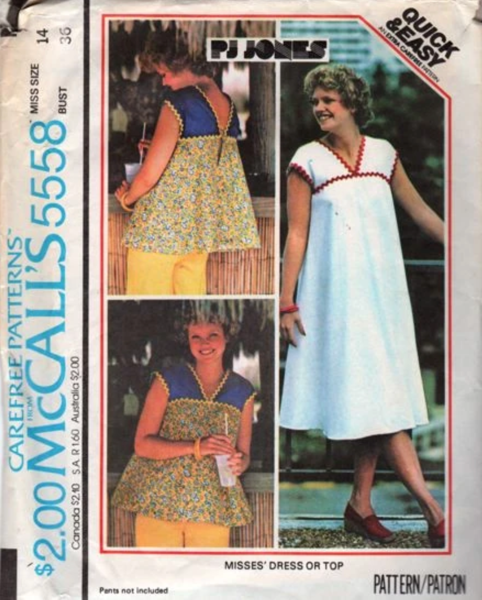 1970's McCall's PJ Jones Yoked Top or Dress Pattern - Bust 31.5-36" - no. 5558
