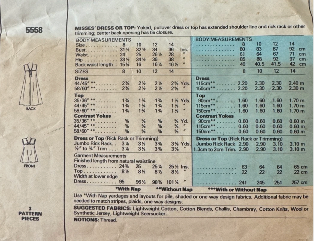 1970's McCall's PJ Jones Yoked Top or Dress Pattern - Bust 31.5-36" - no. 5558