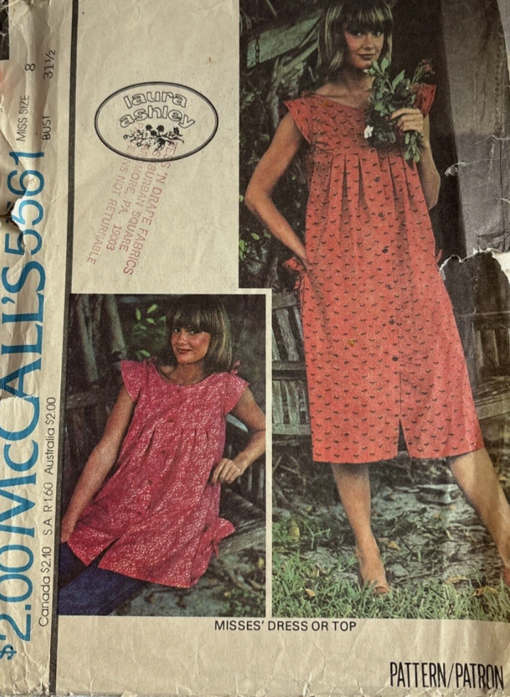 1970's McCall's Laura Ashley Button up or Pullover Dress or Tunic Pattern - Bust 31.5-38" - no. 5561