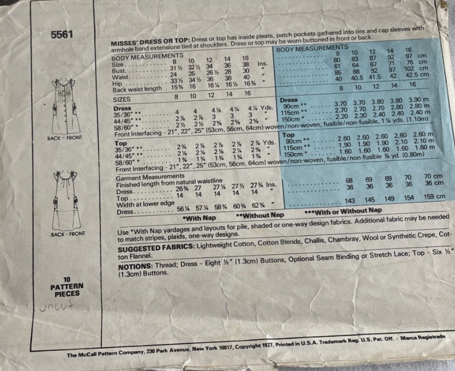 1970's McCall's Laura Ashley Button up or Pullover Dress or Tunic Pattern - Bust 31.5-38" - no. 5561