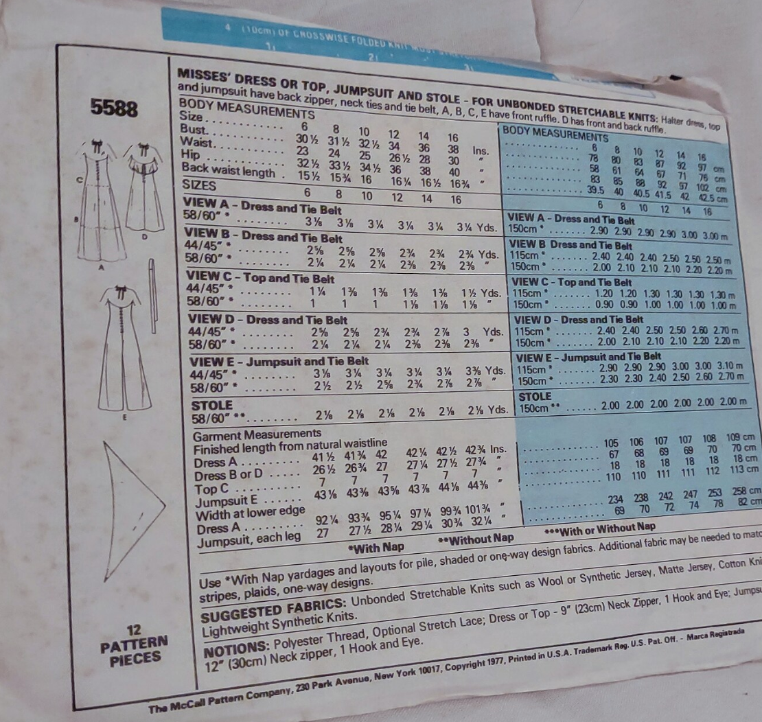 1970's McCall's Draped Collar Jumpsuit, Dress and Romper pattern - Bust 31.5-38" - no. 5588