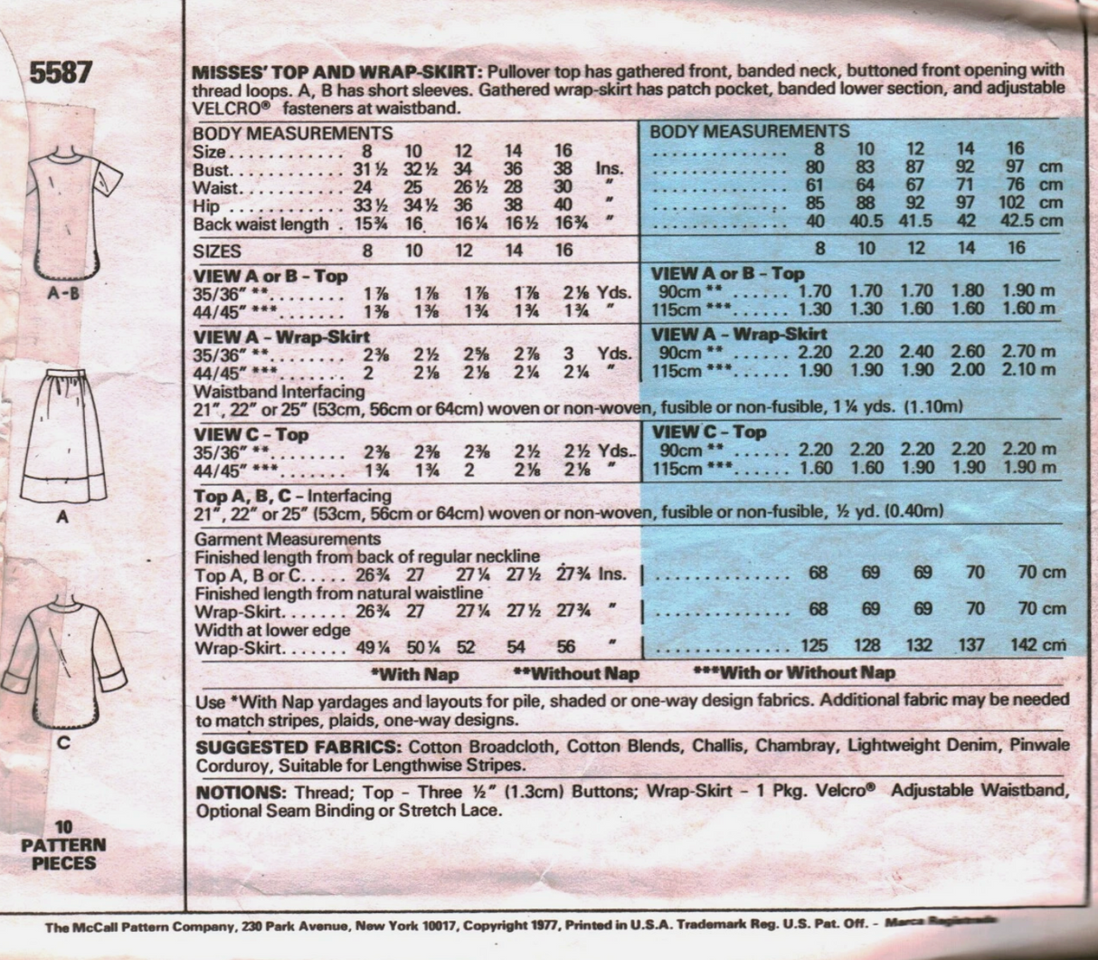 1970's McCall's Pullover Top and Wrap Skirt pattern - Bust 31.5-38" - no. 5587