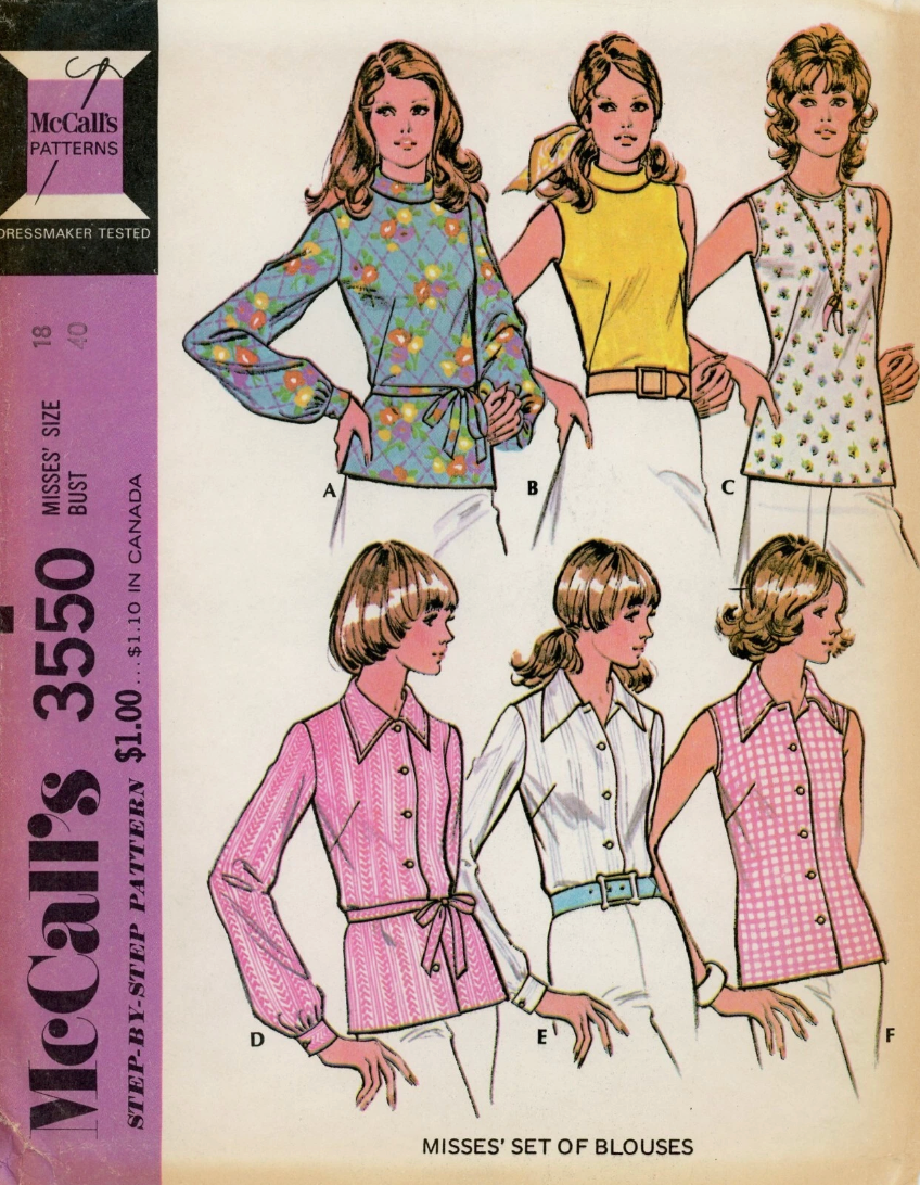 1970's McCall's Button Up Blouse Pattern with Rolled Collar - Bust 31.5-42" - no. 3550