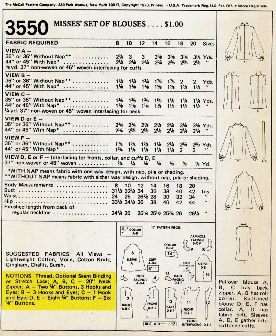 1970's McCall's Button Up Blouse Pattern with Rolled Collar - Bust 31.5-42" - no. 3550