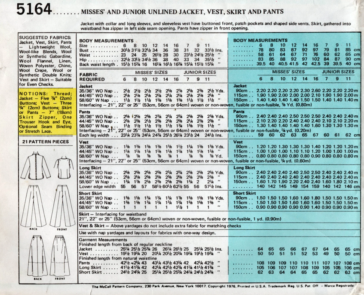 1970's McCall's Marlo's Corner Unlined Jacket, Vest, Pants and Skirt Pattern - Bust 30.5-38" - no. 5164