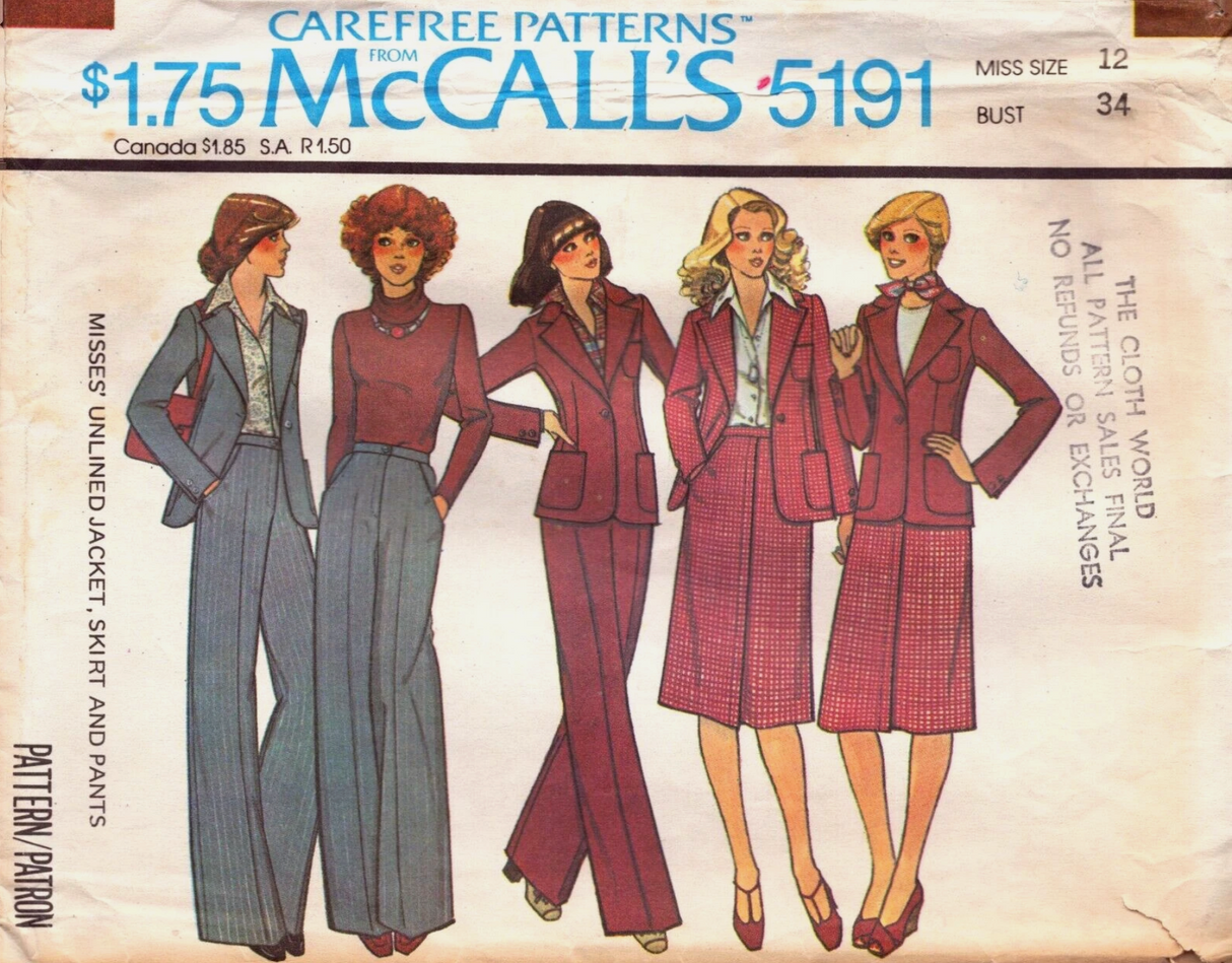 1970's McCall's Marlo's Corner Unlined Jacket, Skirt and Pants Pattern - Bust 31.5-40" - no. 5191