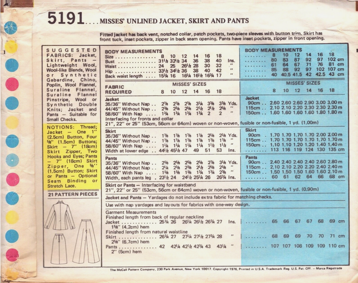 1970's McCall's Marlo's Corner Unlined Jacket, Skirt and Pants Pattern - Bust 31.5-40" - no. 5191
