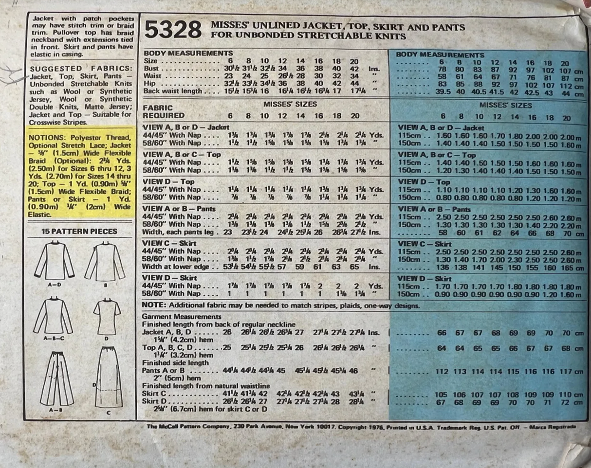 1970's McCall's Unlined Jacket, Top, Skirt and Pants Pattern - Bust 36-40" - no. 5328