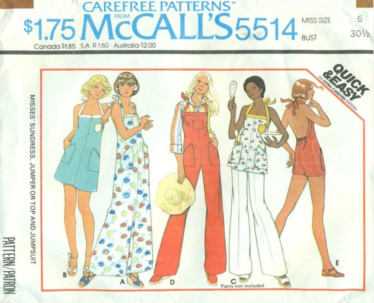 1970's McCall's Sundress, Jumper or Top Pattern with low cut back - Bust 30.5-38" - no. 5514