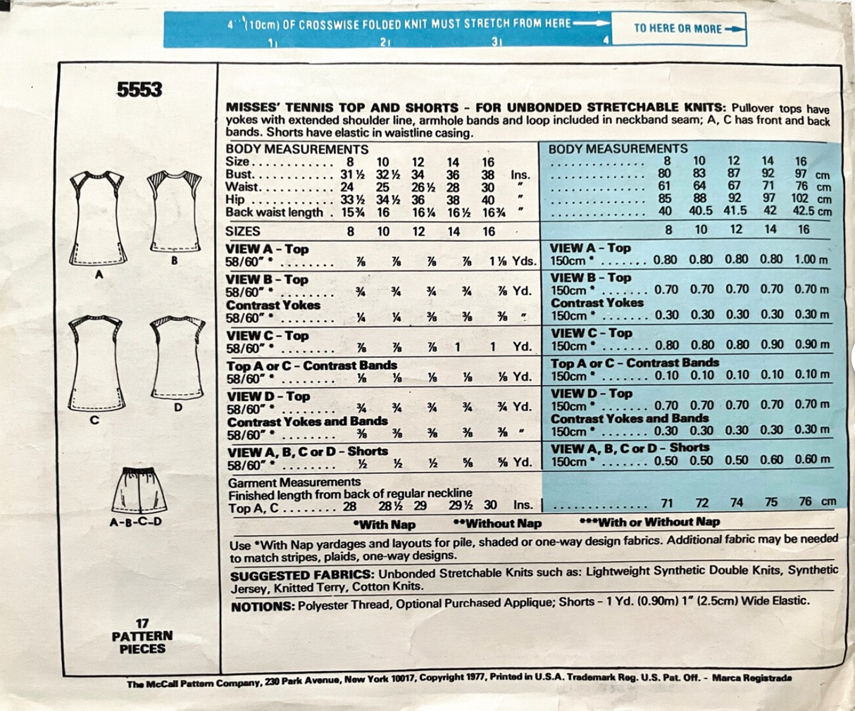 1970's McCall's Tennis Top and Shorts pattern - Bust 31.5-38" - no. 5553