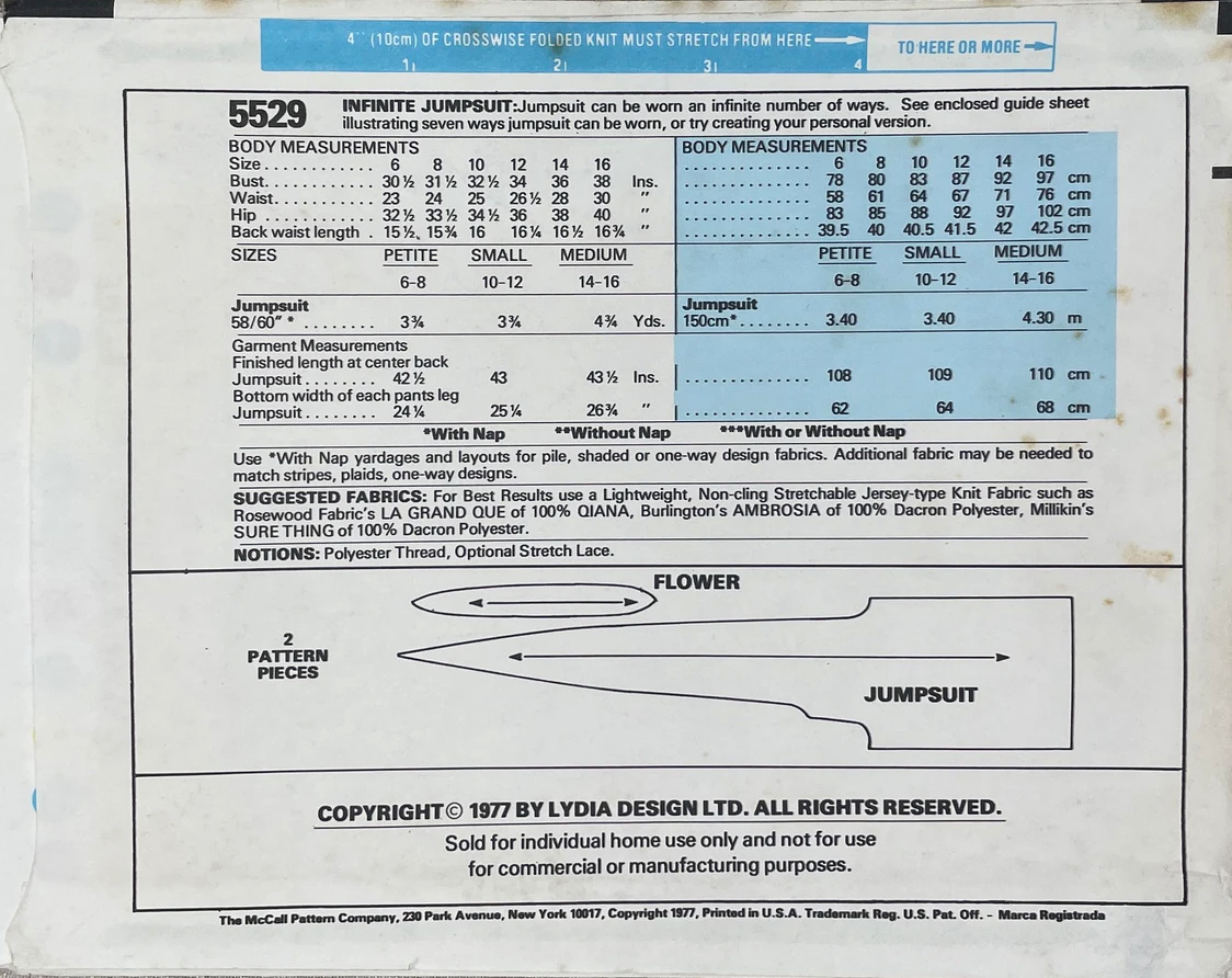 1970's McCall's The Infinite Jumpsuit Pattern - Bust 31.5-38" - No. 5529