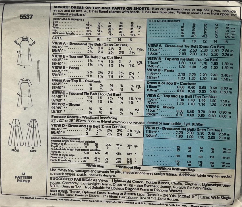 1970's McCall's Yoked Dress, or Top and Pants or Shorts pattern - Bust 31.5-38" - no. 5537