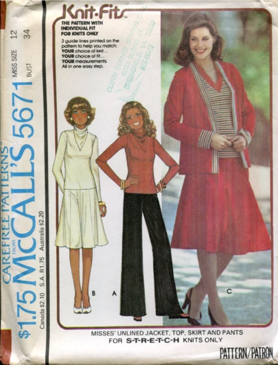 1970's McCall's Unlined Jacket, Top, Skirt and Pants pattern - Bust 31.5-38" - no. 5671