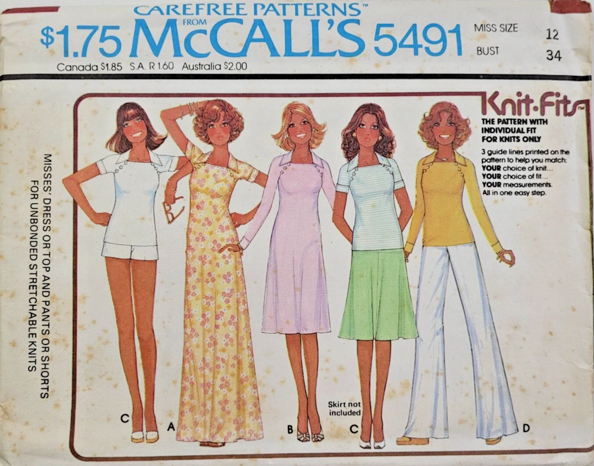 1970's McCall's Raglan Sleeve Top or Dress and Pants or Shorts pattern - Bust 31.5-42" - no. 5491