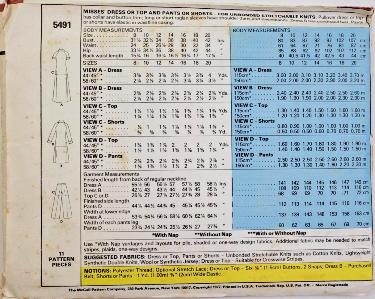 1970's McCall's Raglan Sleeve Top or Dress and Pants or Shorts pattern - Bust 31.5-42" - no. 5491