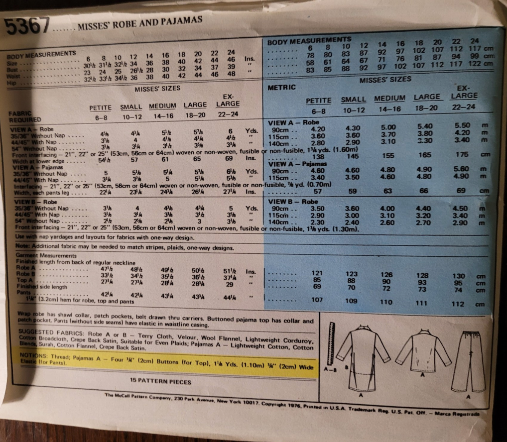 1970's McCall's Robe and Two Piece Pajama pattern - Bust 44-46" - No. 5367