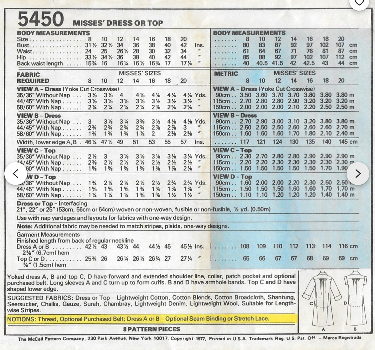 1970's McCall's Shirtwaist Dress or Top pattern - Bust 32.5" - No. 5450