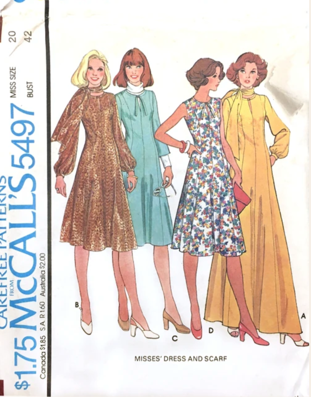 1970's McCall's Princess line Dress and Scarf pattern - Bust 34-36" - No. 5497
