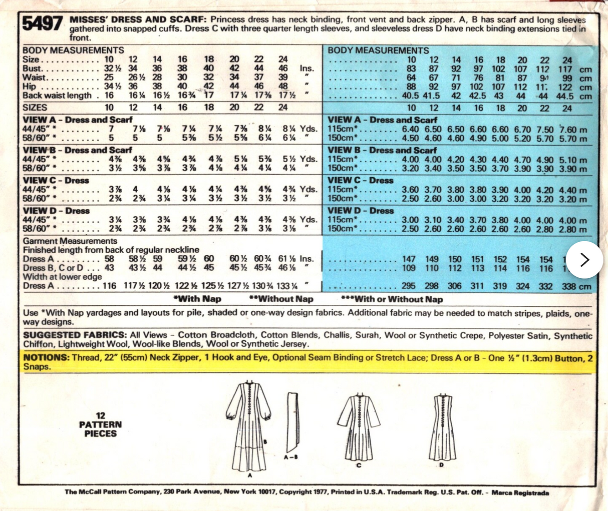 1970's McCall's Princess line Dress and Scarf pattern - Bust 34-36" - No. 5497
