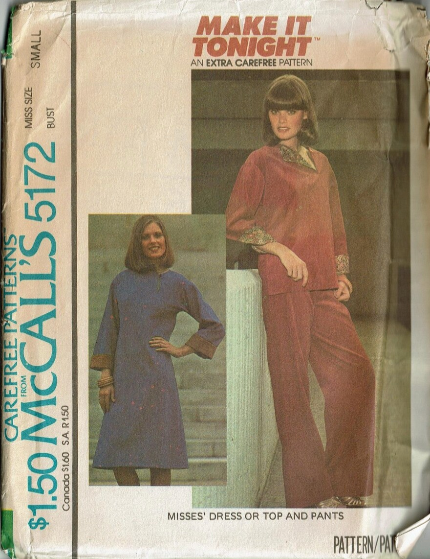 1970's McCall's Tunic or Shift Dress and Pants pattern - Bust 36-38" - No. 5172