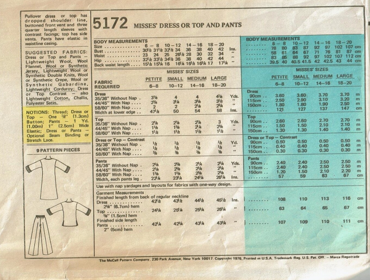 1970's McCall's Tunic or Shift Dress and Pants pattern - Bust 36-38" - No. 5172