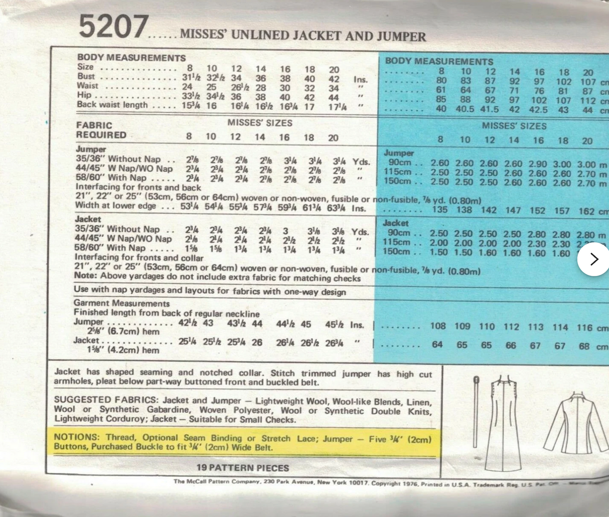 1970's McCall's Princess Line Shirtwaist Dress and Unlined Jacket pattern - Bust 34-38" - No. 5207