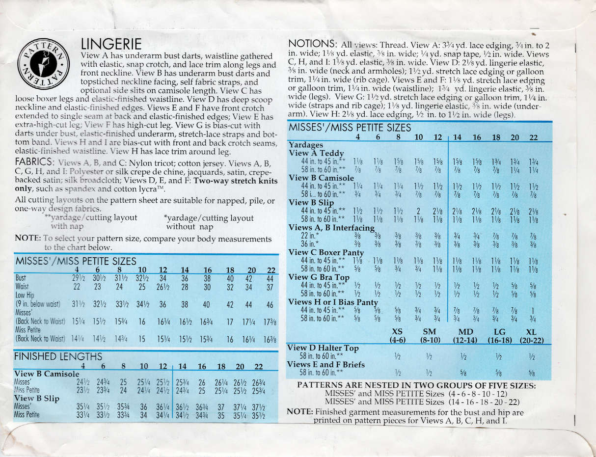 1990's Sewing Step-By-Step Lingerie Pattern - Bust 29.5-44" - No. 012-052-116