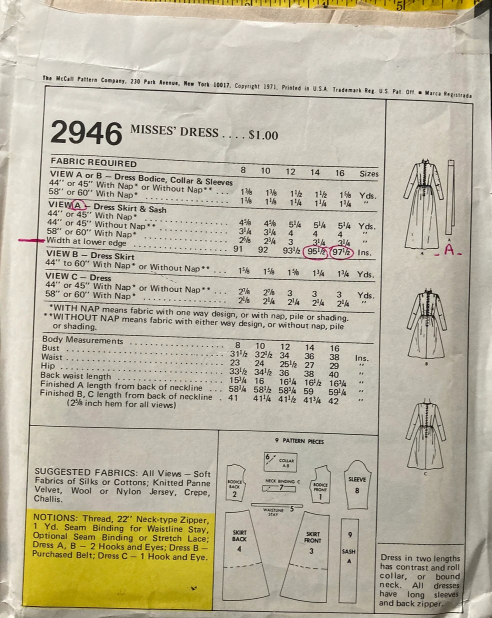 1970's McCall's Dress in two lengths pattern  - Bust 32.5-34" - No. 2946